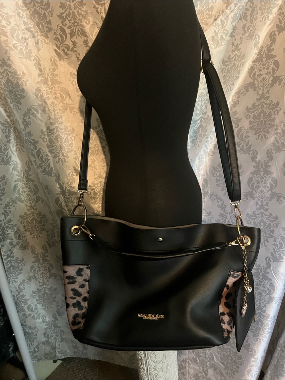 Marc New York Signature Black Shoulder Bag with Leopard Accents